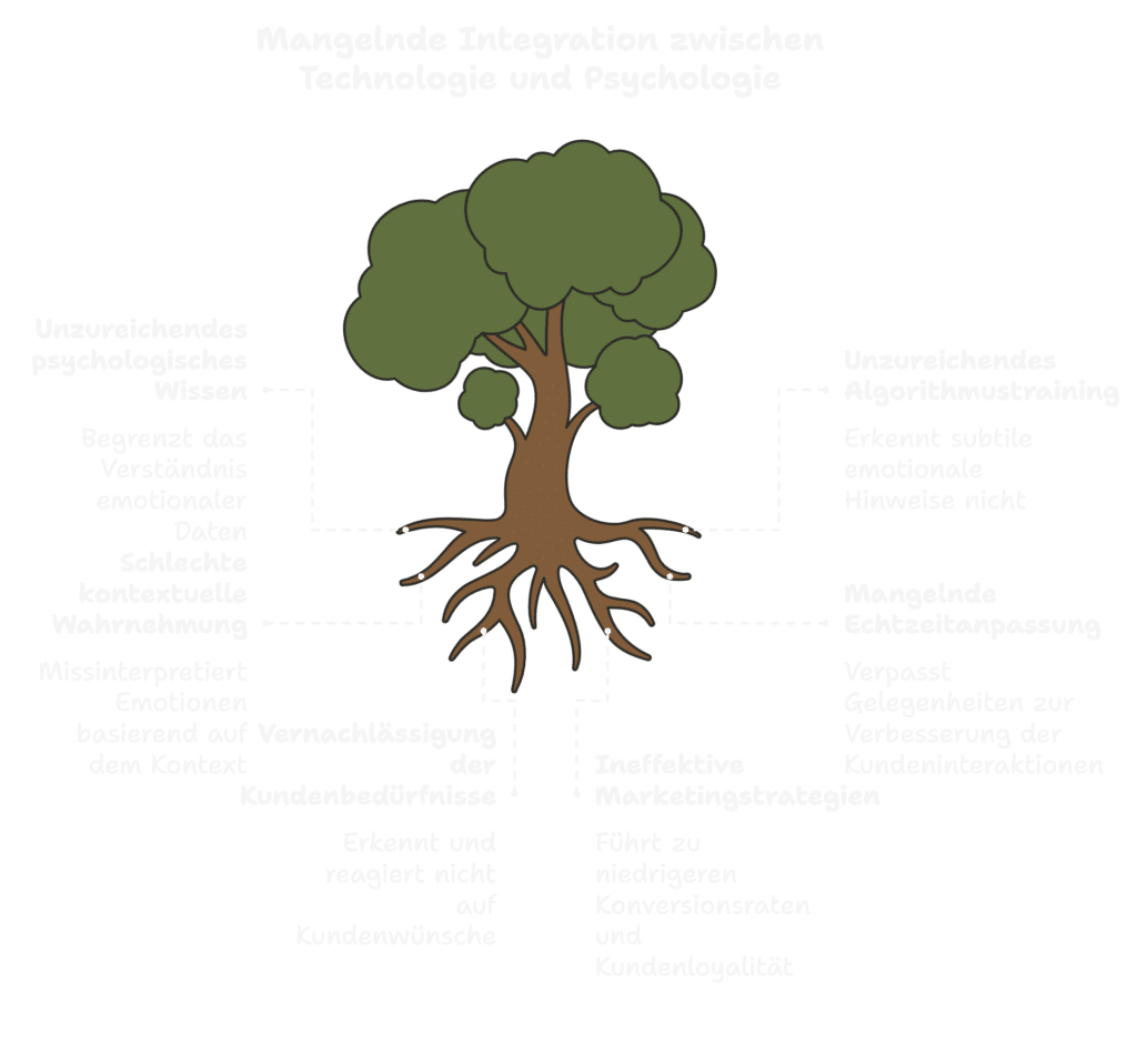 Abbildung eines Baums mit beschrifteten Wurzeln und Krone. Auf der Krone steht „Mangelnde Integration zwischen Technologie und Psychologie“. Unter den Wurzeln werden Herausforderungen wie fehlendes psychologisches Wissen und ineffektive Marketingstrategien aufgelistet, symbolisiert durch Baumwurzeln – eine Anspielung auf die Zukunft des Marketings.