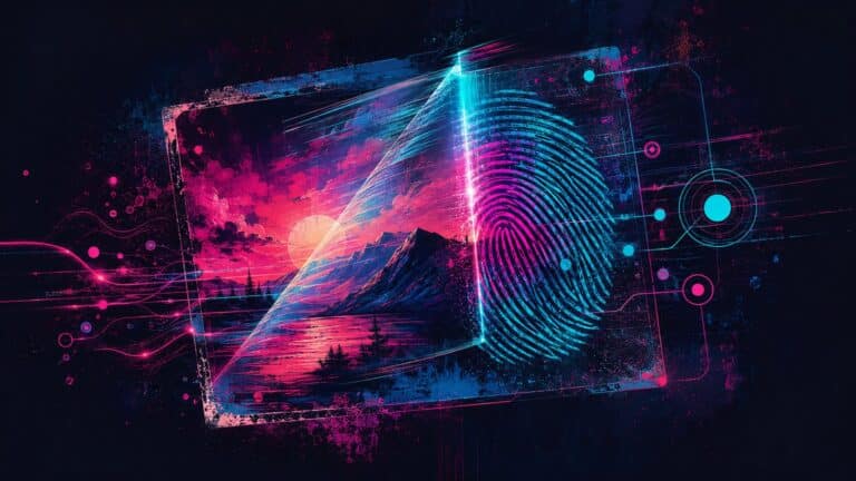 Abstrakte KI-Grafik in Magenta und Cyan mit digitaler Landschaft, Fingerabdruck und vernetzten Datenpunkten