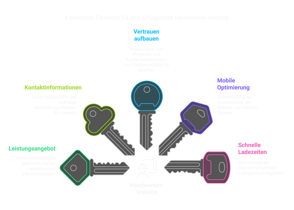 Infografik mit sechs farbigen Schlüsseln, die eine Handwerker-Website im digitalen Wettbewerb darstellen. Die Schlüssel repräsentieren Vertrauen, mobile Optimierung, schnelle Ladezeiten, Kontaktinformationen und Leistungsangebot – alles entscheidend für den Erfolg der Website.