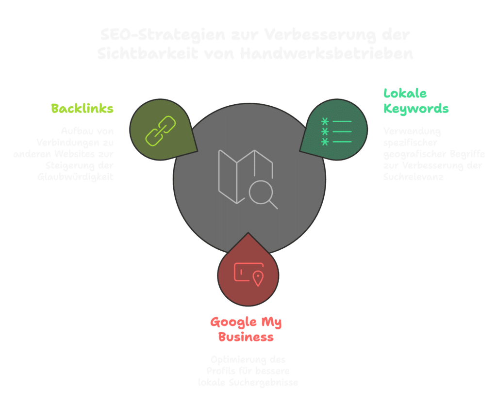 Diagramm zur Veranschaulichung von SEO-Strategien für Handwerksbetriebe, die auf digitale Dominanz abzielen. Es umfasst Backlinks, lokale Schlüsselwörter und Google My Business, jeweils mit Symbolen und Beschreibungen ihrer Rolle bei der Verbesserung der Glaubwürdigkeit, Relevanz und Auffindbarkeit für Handwerker.