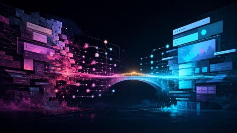 Abstrakte Datenbrücke zwischen alter und neuer Website als Symbol für einen SEO-sicheren Website-Relaunch