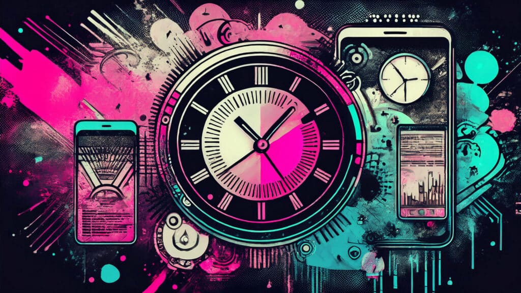 Im Zentrum des Bildes steht eine große Uhr, umgeben von abstrakten Farbspritzern in Pink, Blau und Schwarz. Drei Smartphone-Bildschirme mit unterschiedlichen Zifferblättern und Mustern sind um die zentrale Uhr herum angeordnet und erzeugen ein dynamisches, modernes Design.