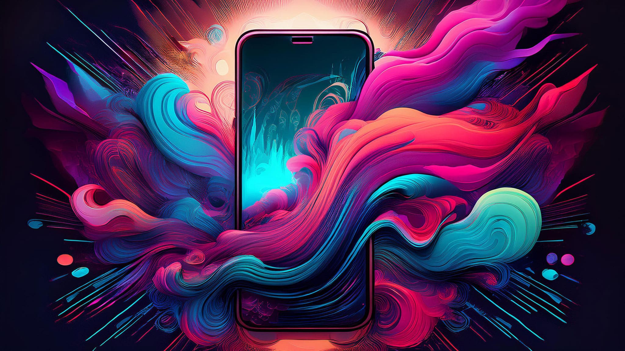 Ein Smartphone mit leerem Bildschirm ist von lebendigen, wirbelnden abstrakten Formen in Rosa-, Lila- und Blautönen umgeben. Das dynamische Design fühlt sich an wie eine unvergessliche TikTok-Challenge, voller Bewegung und Energie, die das Gerät umhüllt.